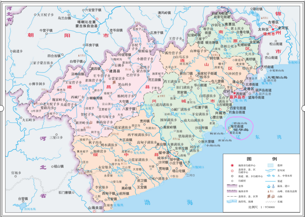 觉华岛位于兴城东南10余千米,距海滨浴场9千米的海中,呈长葫芦形