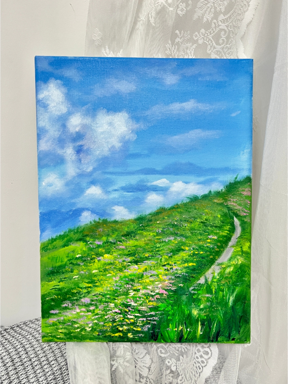风景丙烯画-过程图分享 蓝天 天蓝加白依次渐变 草地注意前后的虚实