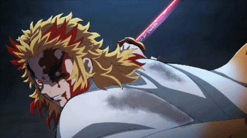 战斗良久,杏寿郎额头受伤,血流了半张脸,眼睛被打瞎,肋骨粉碎.