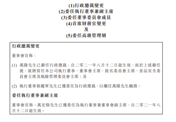 万洲国际:万隆已辞任行政总裁,执行董事郭丽军接任