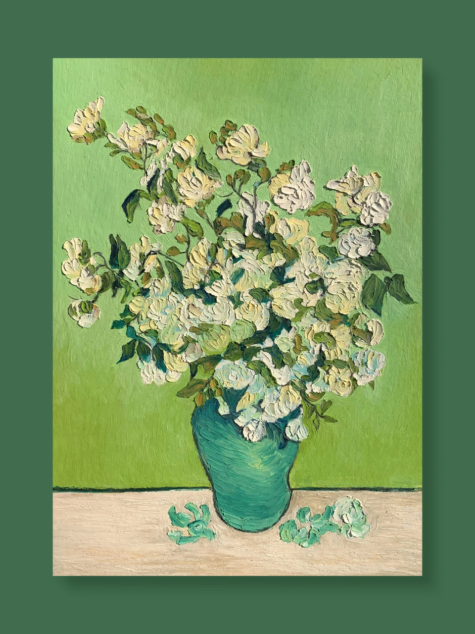 油画棒临摹梵高白玫瑰 梵高的白玫瑰选择单色来绘制,整个画面的用色