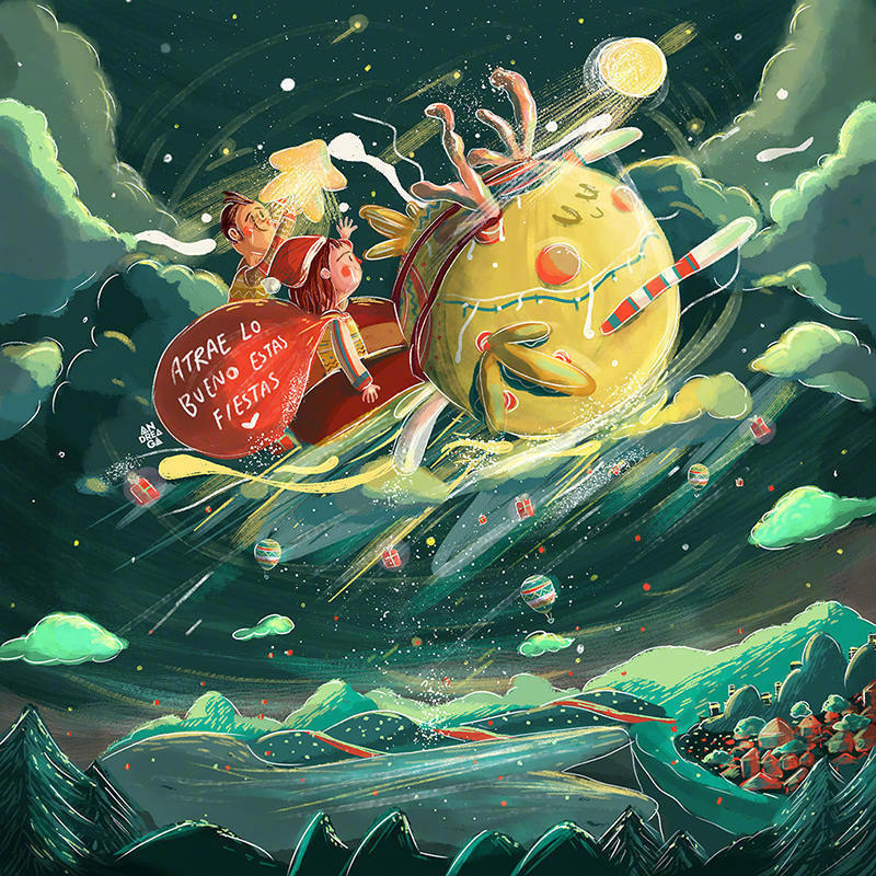 童趣的手绘插画,极具想象力的构图,近似相同的色彩