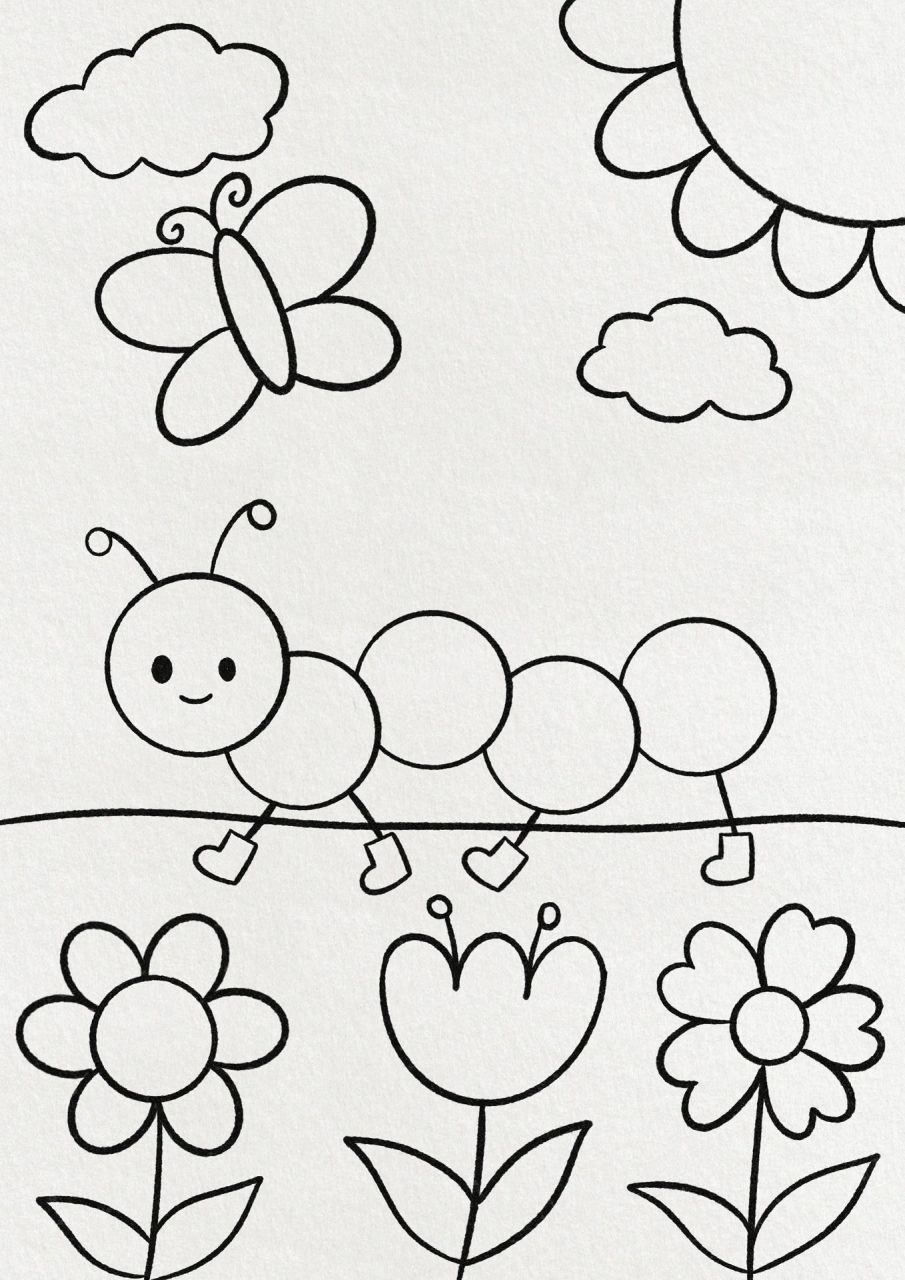 毛毛虫简笔画 用瓶盖拓印几个圆就可以画出一条可爱的毛毛虫哟,你也来