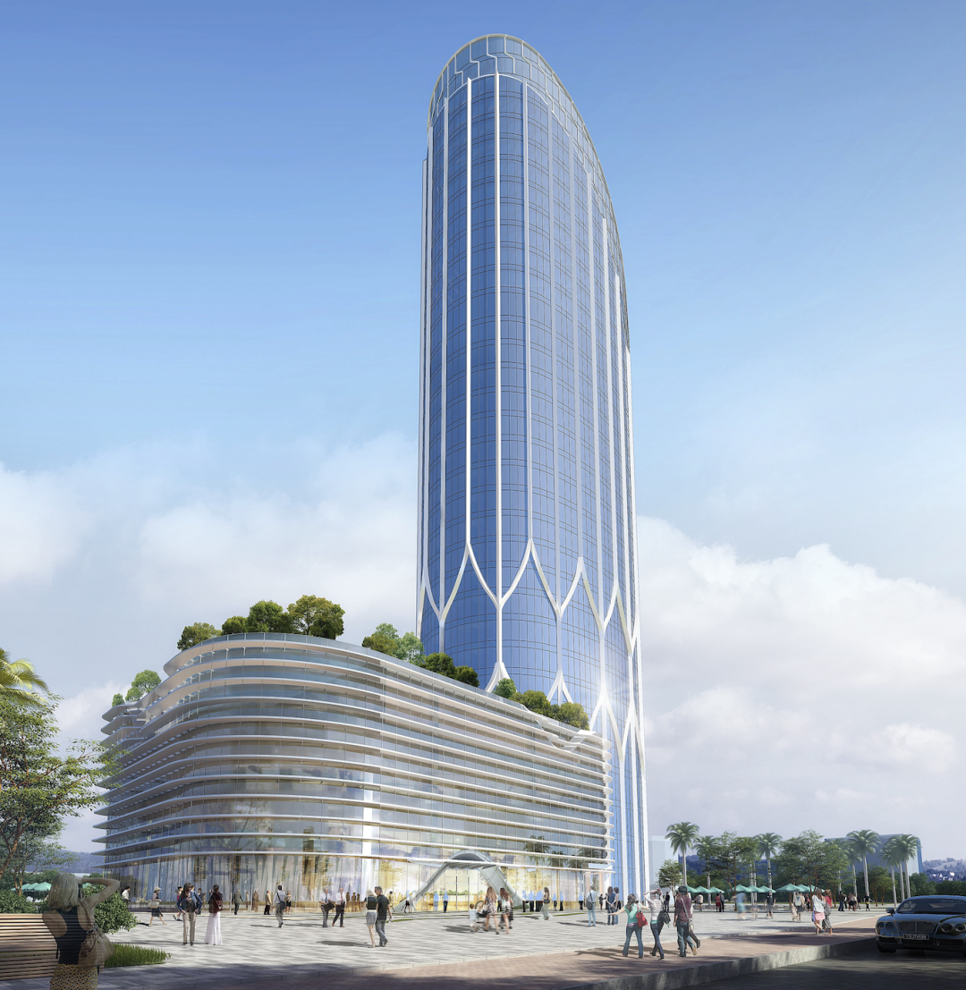 项目建成后与周边金融大厦相呼应,立面的水帘瀑布造型,寓意绍兴镜湖汇