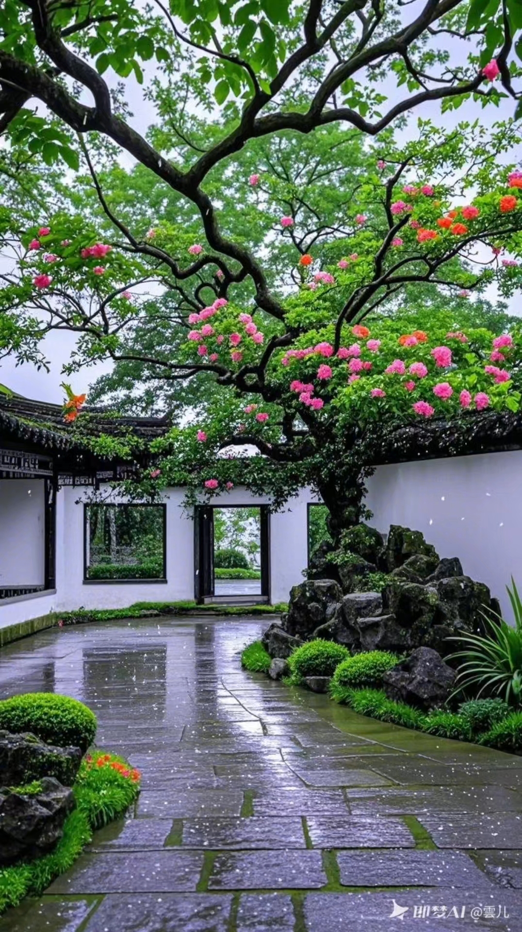 粉墙黛瓦,拱门花窗,春意盎然的雨后鲜花绿叶的苏州园林高清风景