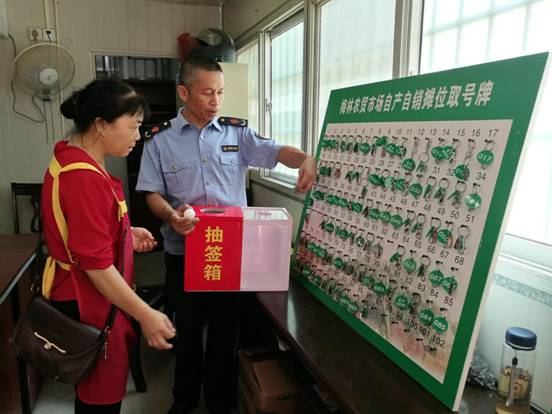 对自产自销摊位卖菜的摊主实行抓阄领取摊位号牌