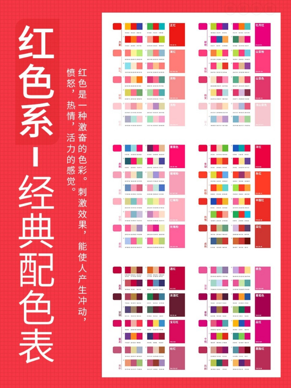 配色分享,红色系经典配色表 红色,是一种激奋的色彩.