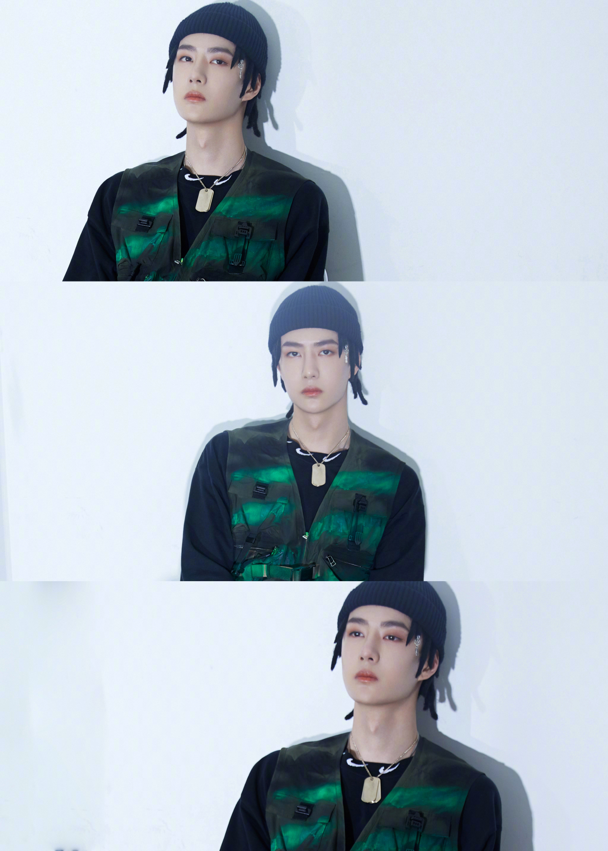 王一博街舞3新造型,酷盖亲自的喷绘墨绿色马甲搭配脏辫毛线帽