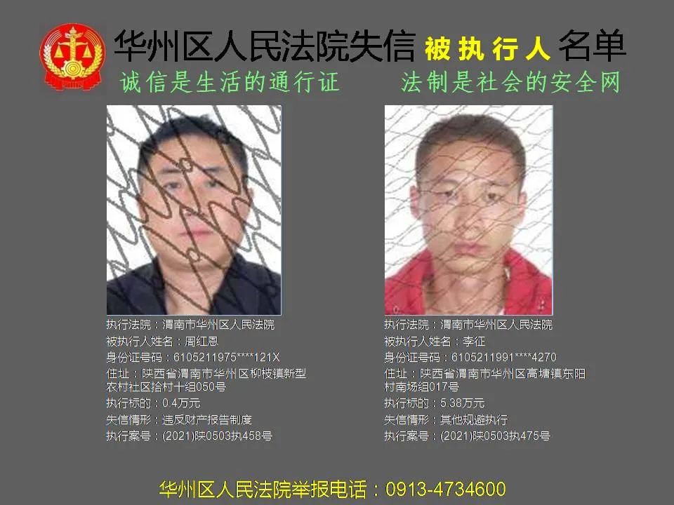 渭南市华州区人民法院:2021第六批失信曝光被执行人名单