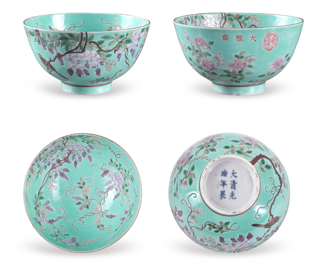 成都八益2022秋拍|清光绪 大雅斋款松石绿地粉彩花鸟纹碗赏析