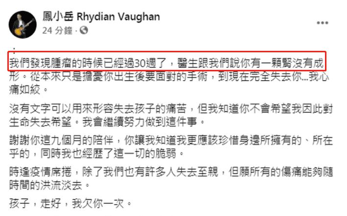 心如刀割!凤小岳宣布怀胎9月妻子流产,宝宝长肿瘤肾发育不全