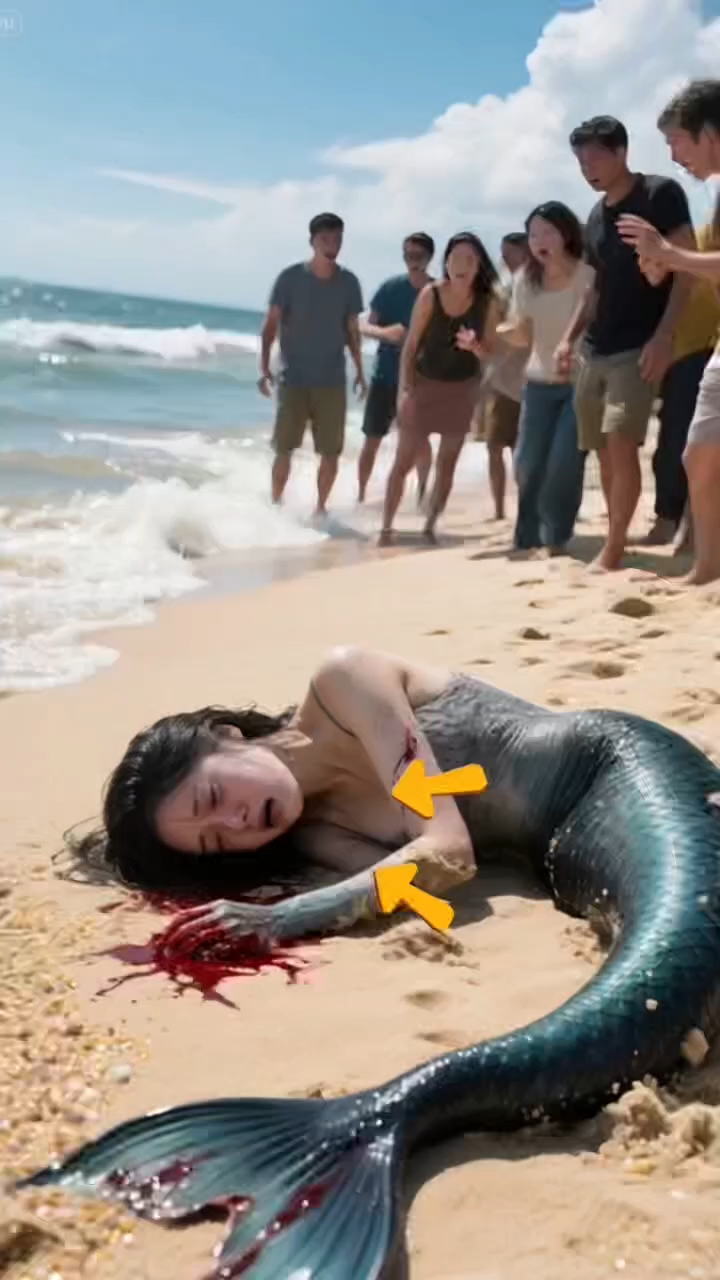 美人鱼受伤,搁浅在海滩上