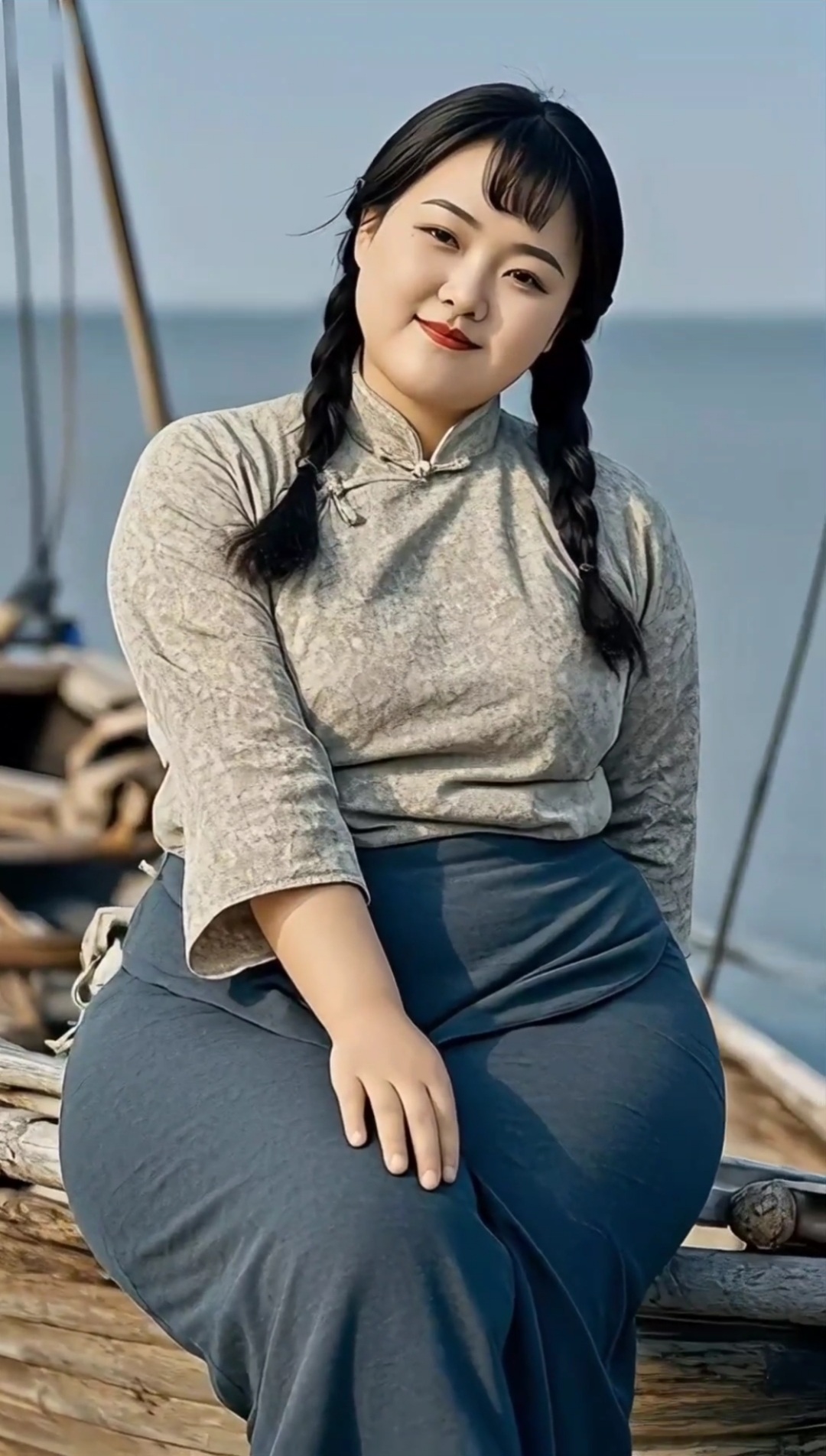 胖妹船头坐,海风轻拂过.心宽似沧海,思绪逐浪波