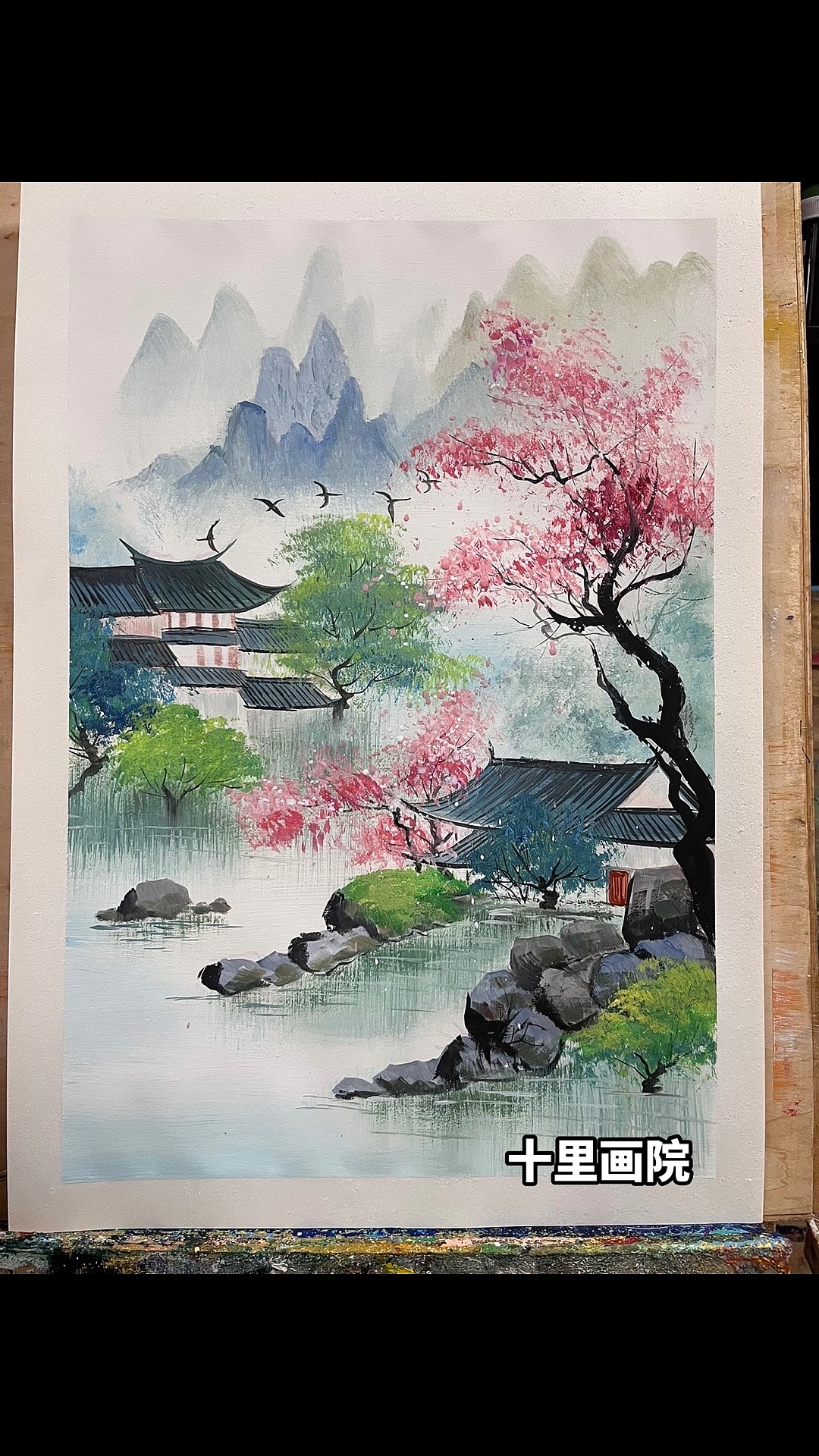 江南水乡古镇水彩画春日风景画春天风景画丙烯画 水墨山水 春