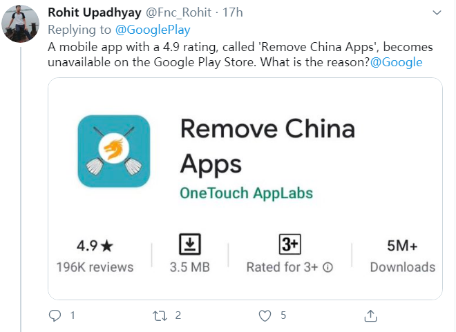 推荐谷歌商店下架印度“反华APP＂ ，印度网民激动了！