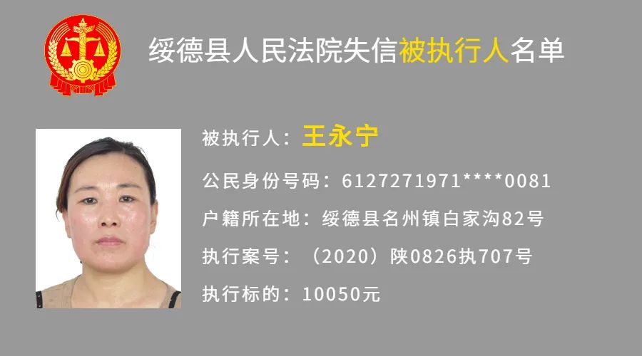 绥德县人民法院2020年第九批失信被执行人名单公布