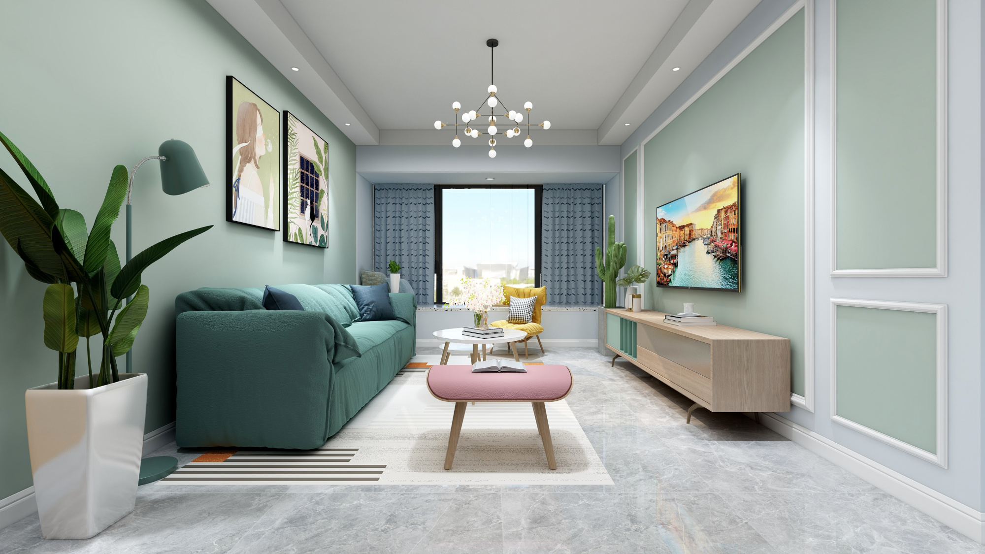 沙发墙为整面的绿色乳胶漆,旁边加以黄色为跳色,搭配一盏长杆落地灯