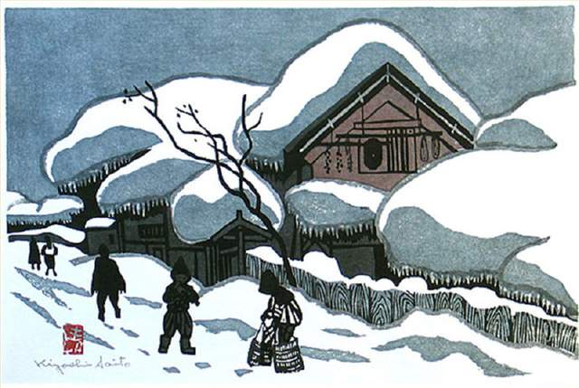 日本近代版画大师斋藤清冬日雪景系列版画作品