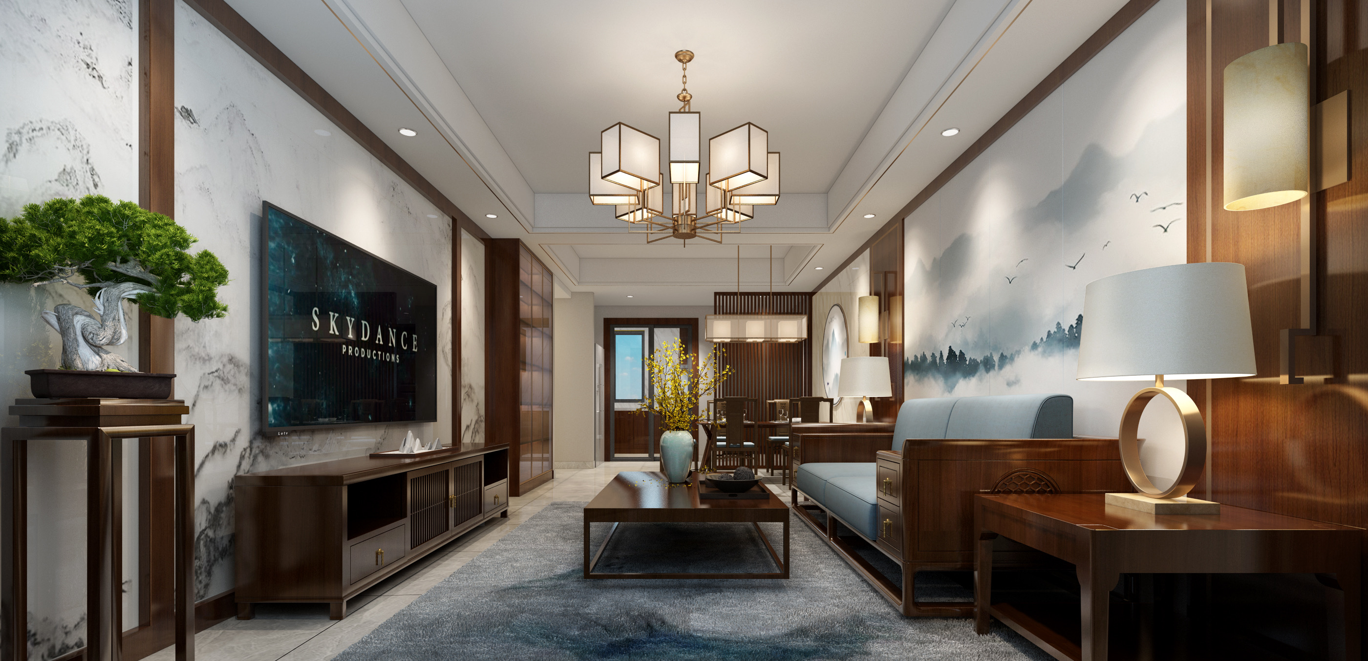 建发央著100平米新中式平层装修效果图