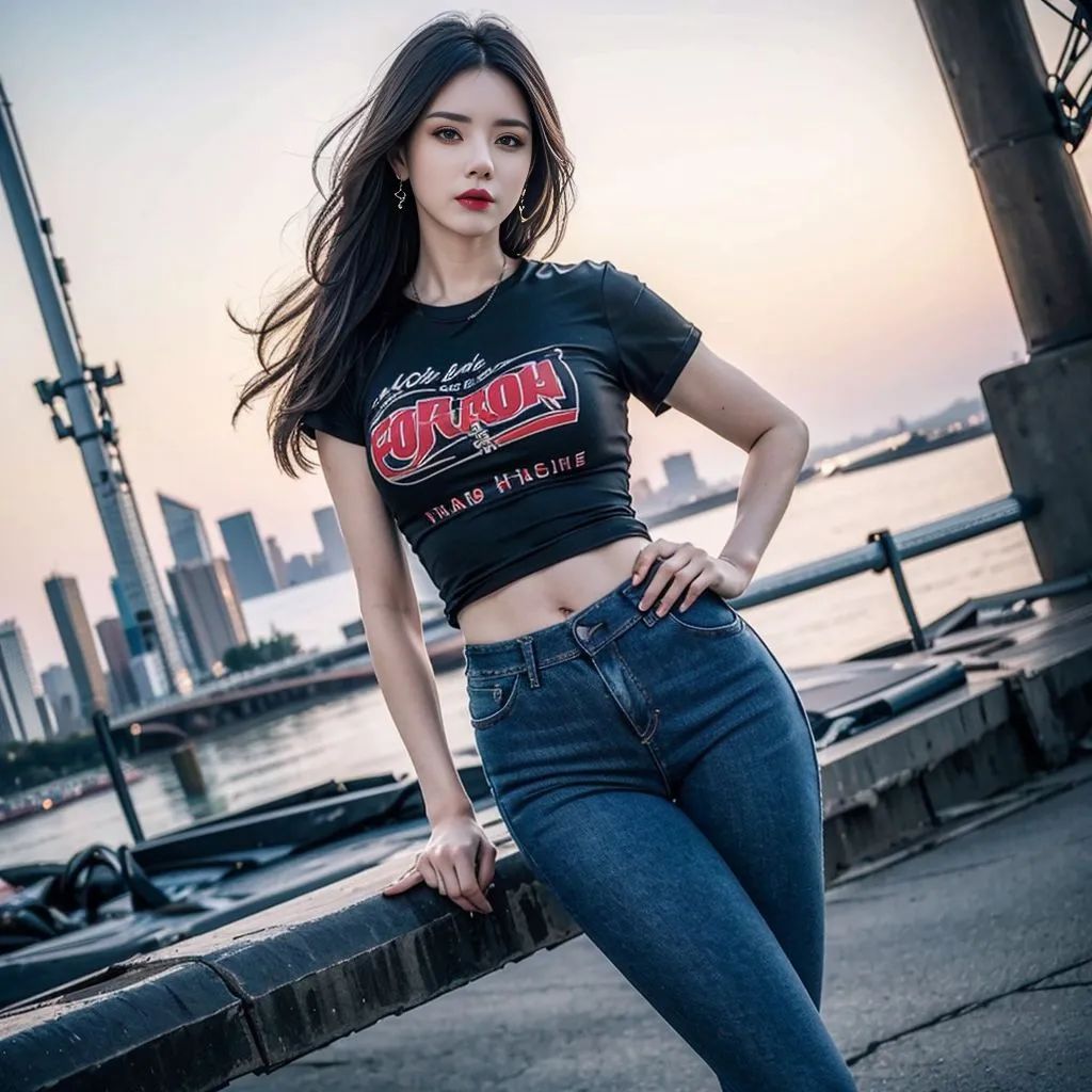 纤细牛仔裤美女,展现出挺拔的身姿,散发着自信的光芒