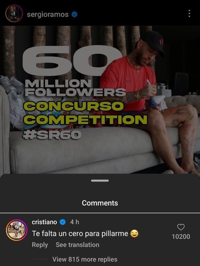 拉莫斯庆祝ins粉丝破6000万,c罗调侃:你加个0才能赶上我!