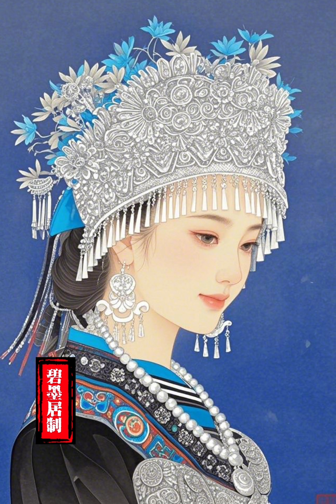 工笔素材|苗族姑娘头像