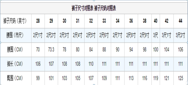 正规裤子尺码对照表图片