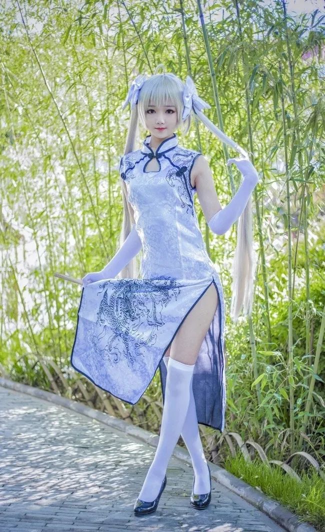 缘之空:穹妹cosplay,旗袍白丝双马尾超美