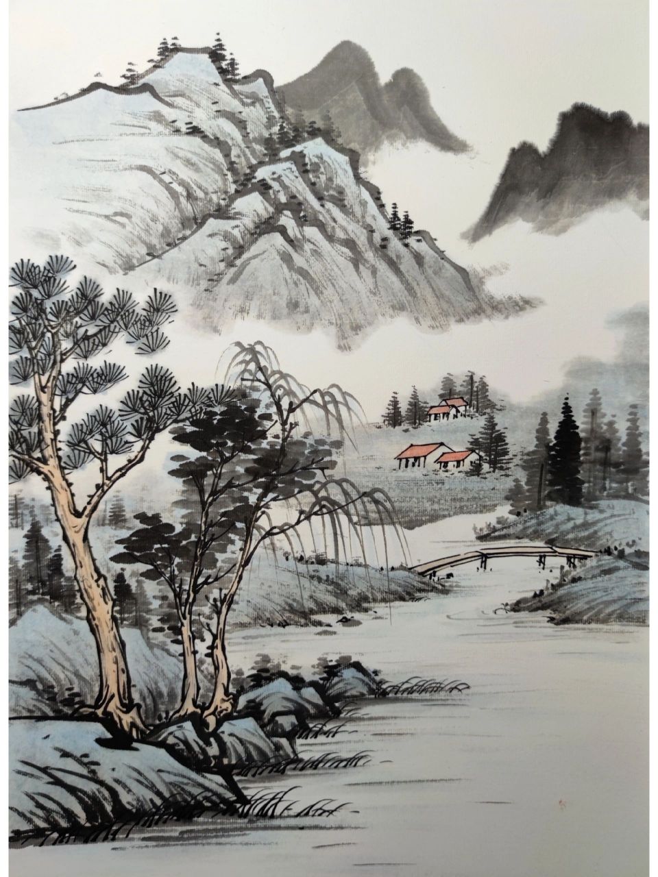 黄君璧浅绛山水临摹 凉月如眉挂柳湾,越中山色镜中看.