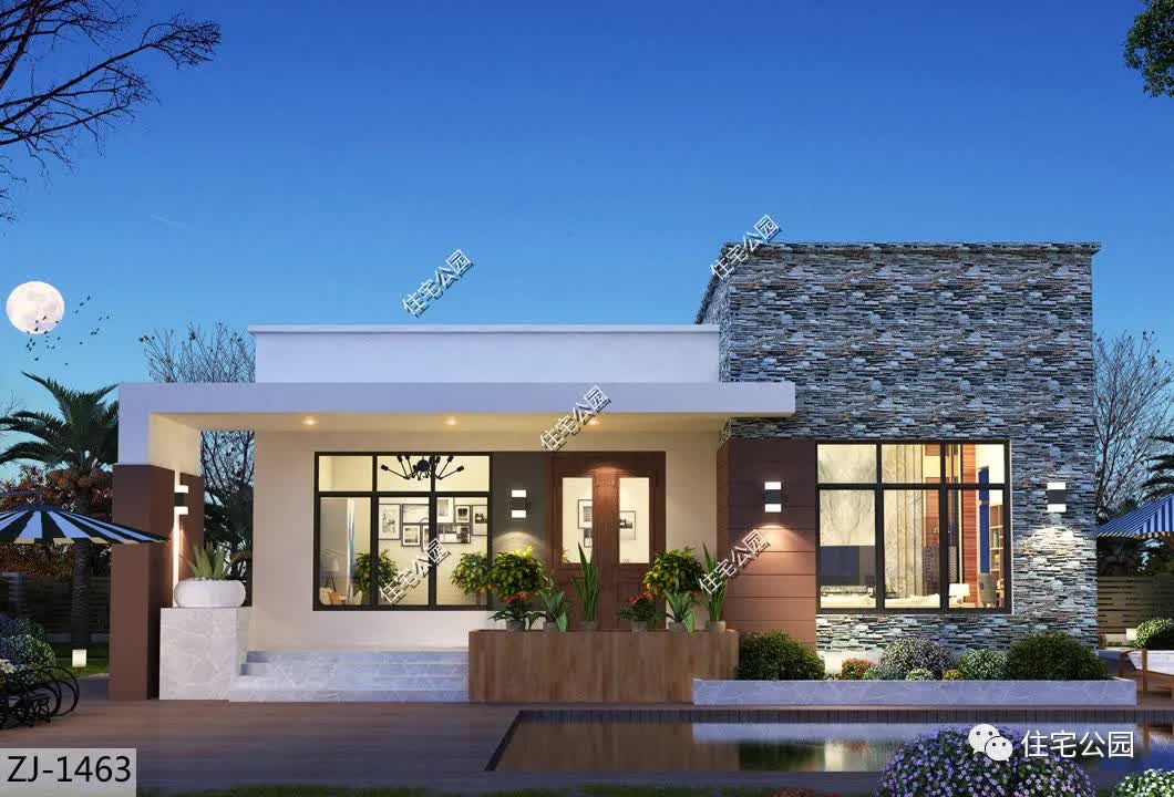 130平米2室2厅1层现代别墅,11×11米方正好户型