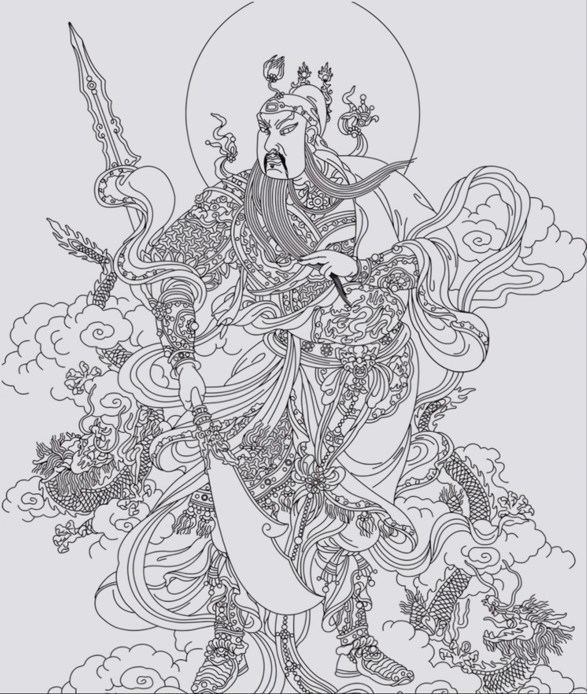 黑白线描关公画图片