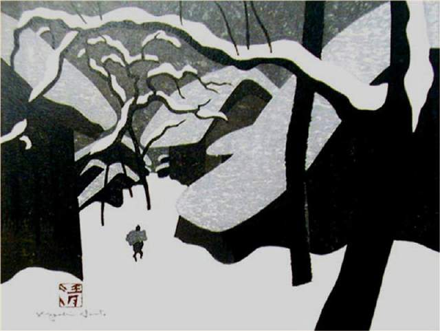 日本近代版画大师斋藤清冬日雪景系列版画作品