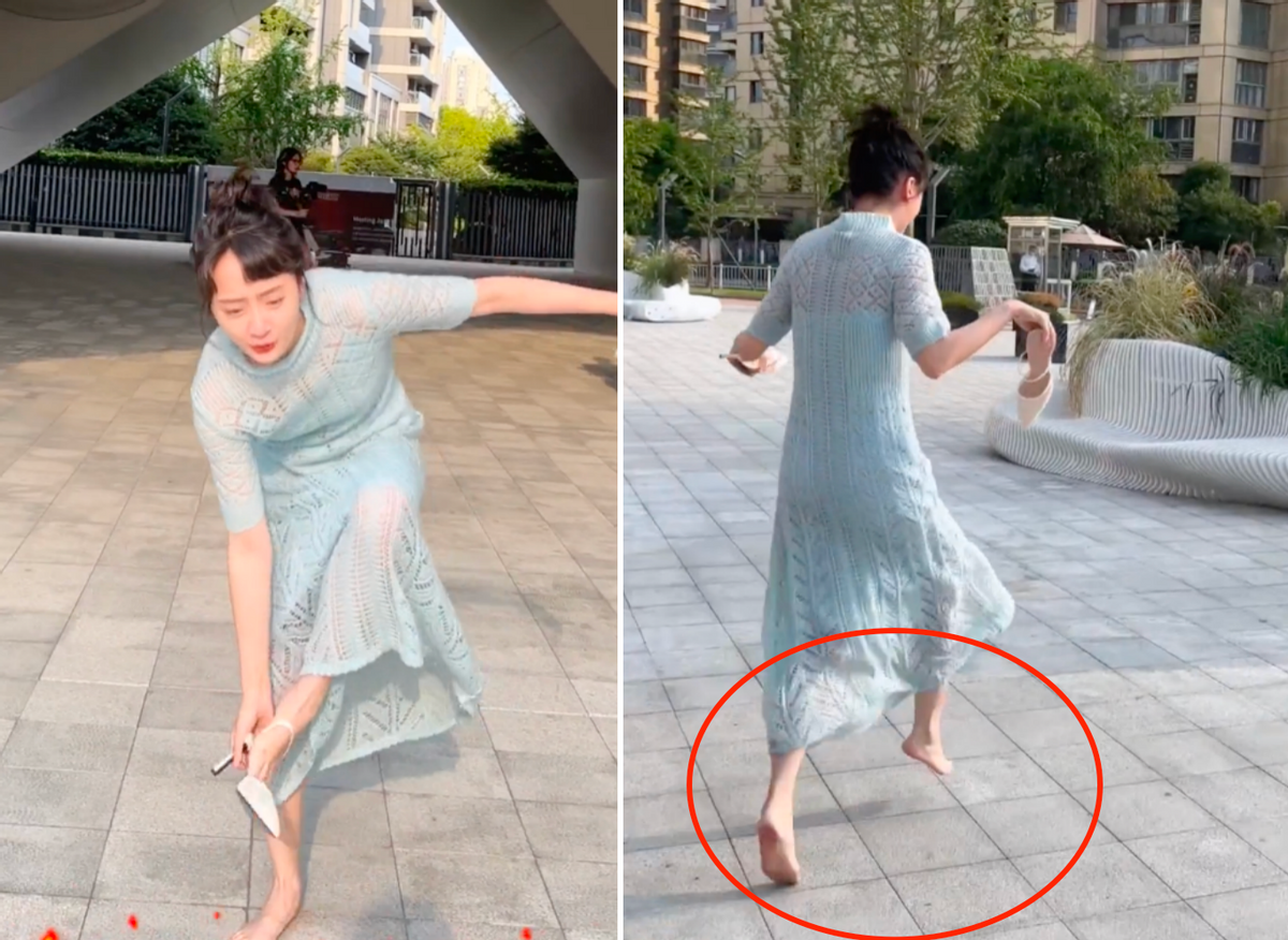 演员孙铱大街上当众脱鞋,地面太烫赤脚蹦跳走路,两手拎鞋太搞笑