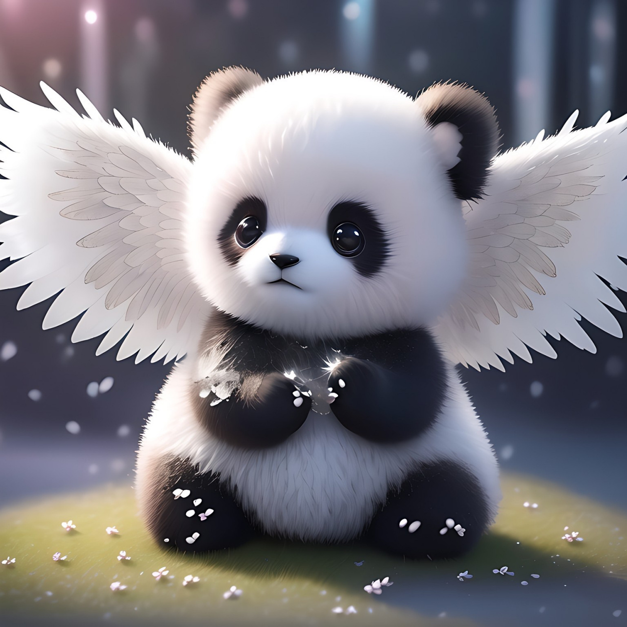 一只超可爱的熊猫天使宝宝,有着透明的翅膀