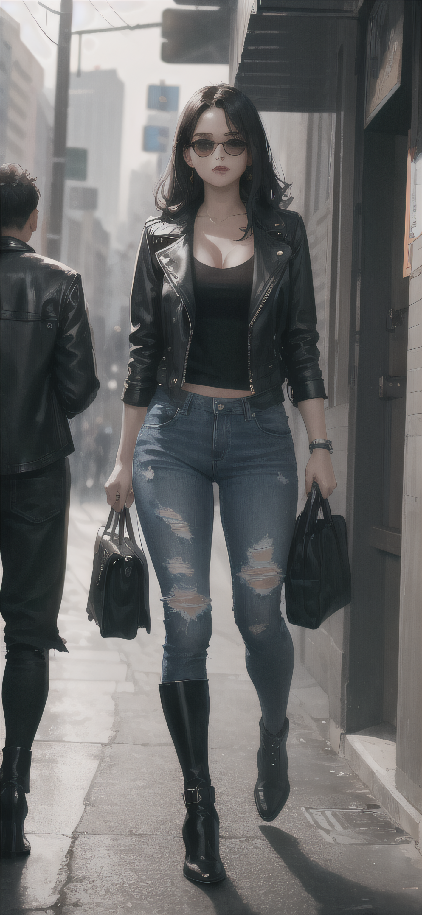 ai绘画:城市的街头,走在时尚前沿的皮衣牛仔裤美女