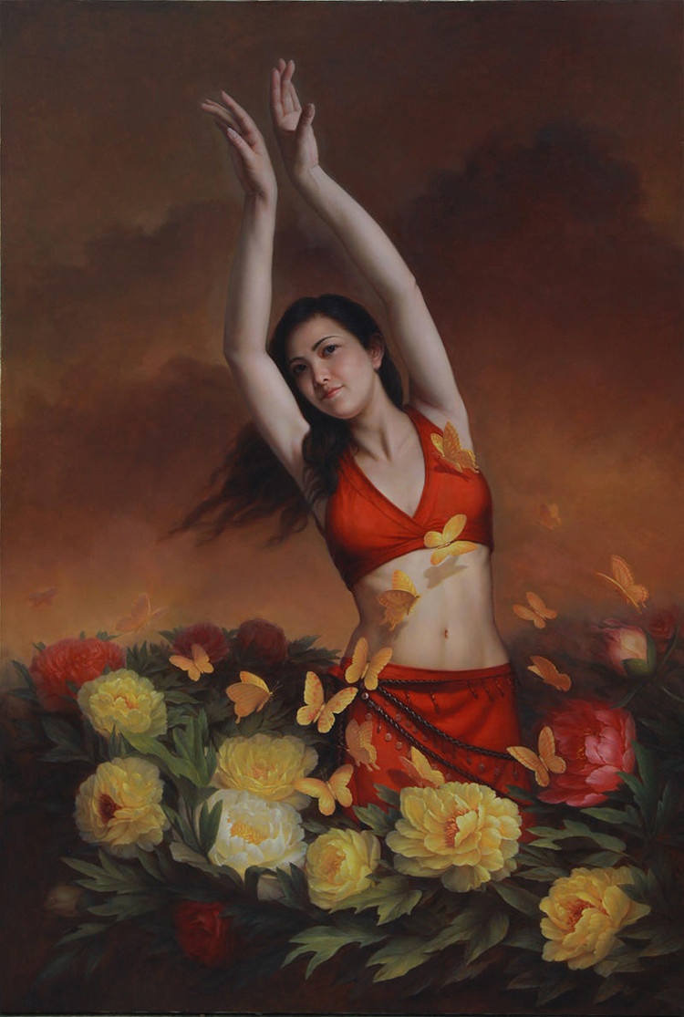 艺术家曾祥君人体油画中的东方美女,柔美性感,逼真动人