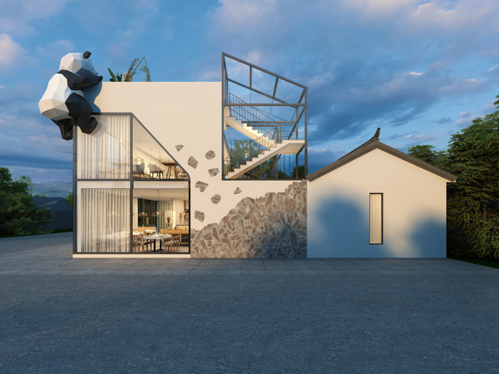 怀柔白河湾民宿设计建筑,外立面采用白色为主基调设计,简约干净.