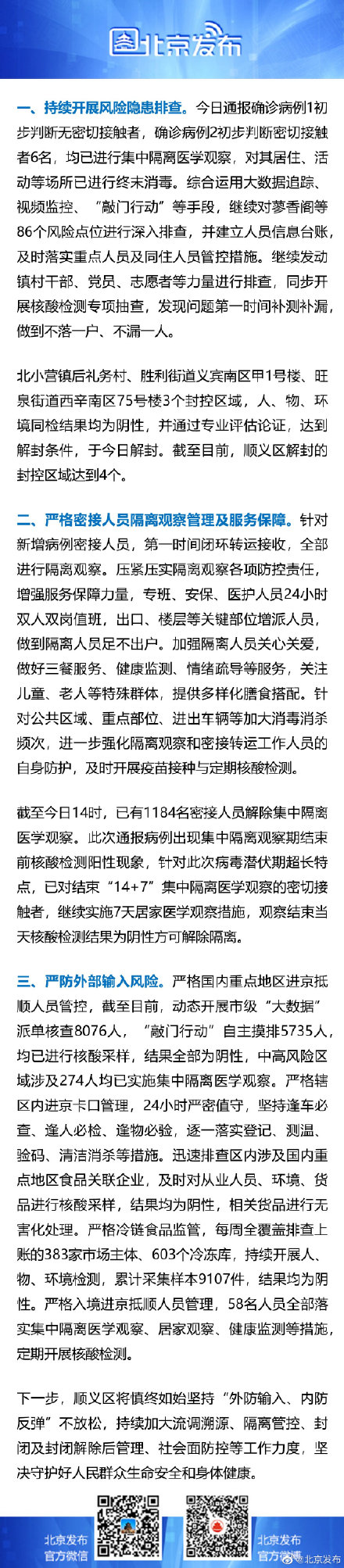 顺义区:已有1184名密接人员解除集中隔离,解封的封控区域达4个