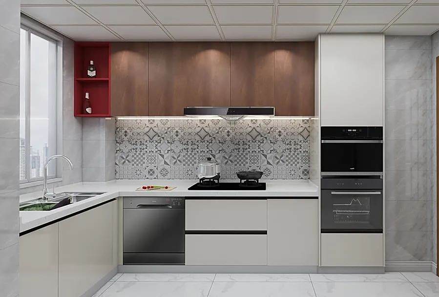 大高柜边上留一侧做开放柜,厨房的小型电器全部可以上墙收纳.