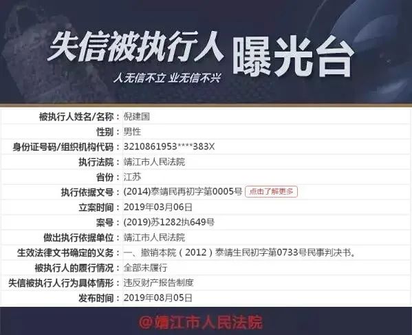【执行曝光台】失信被执行人——倪建国