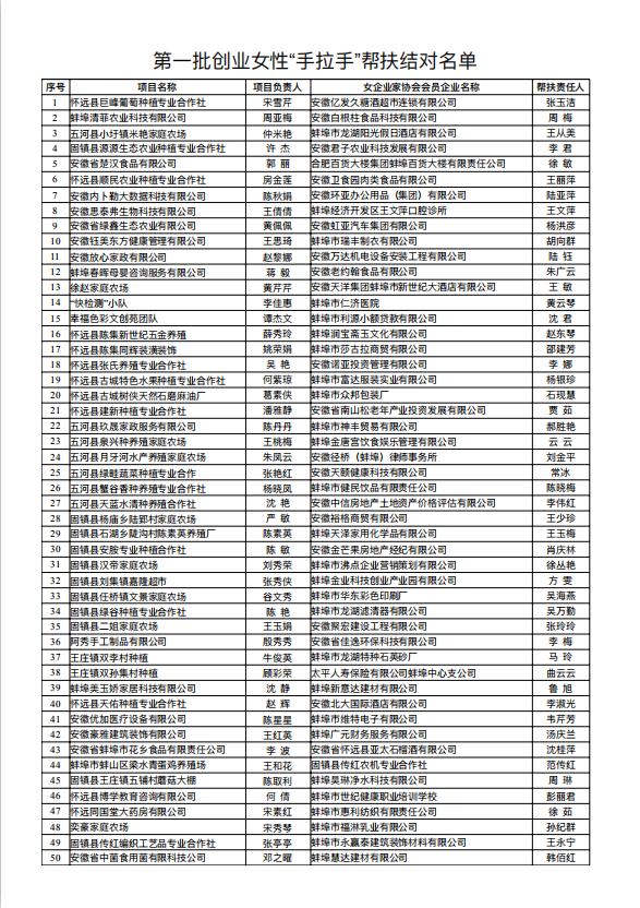 蚌埠市第一批创业女性"手拉手"帮扶结对名单