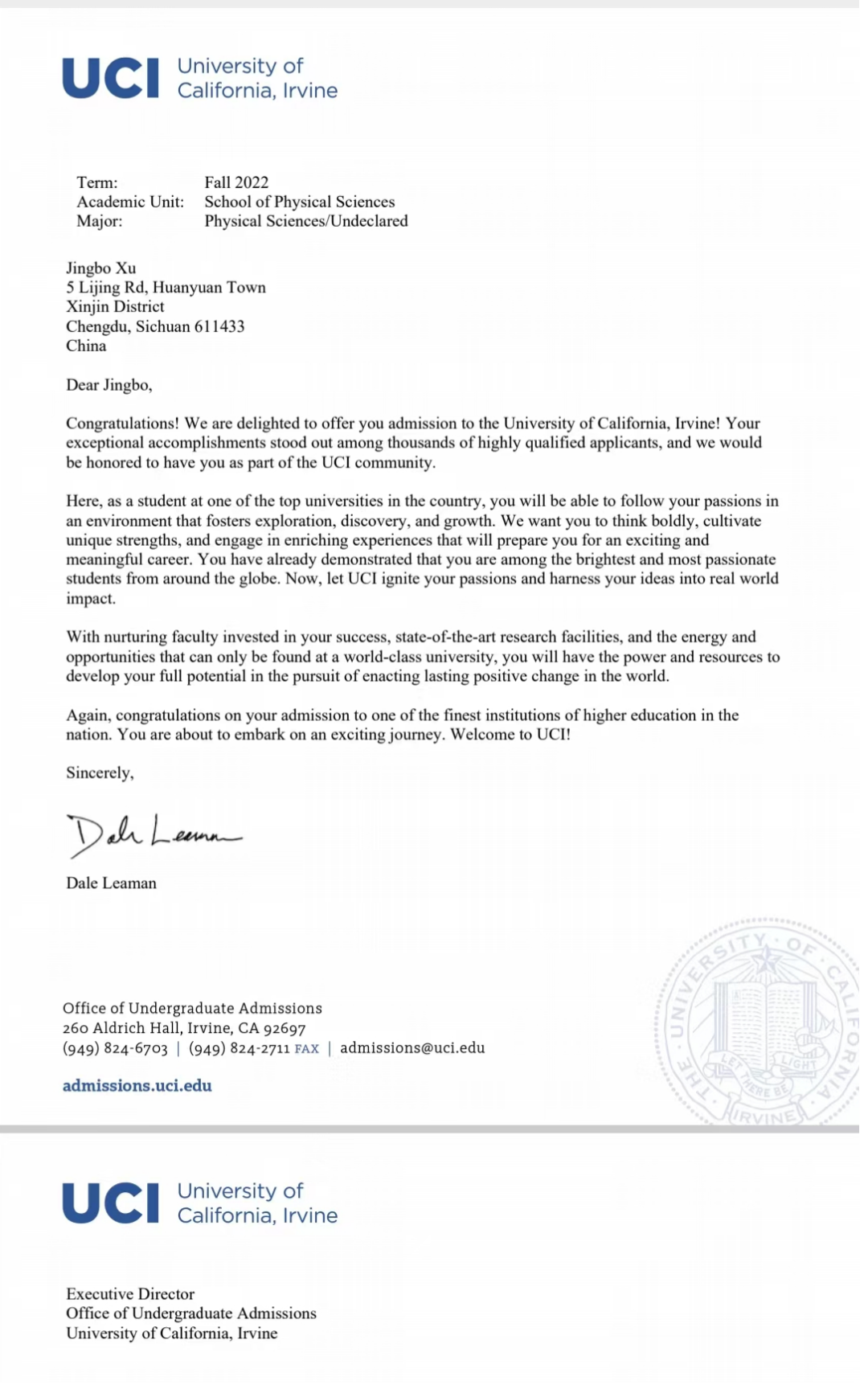 喜报!成外高新2019级学霸拿下加州大学尔湾分校offer