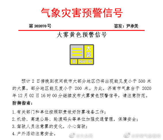 能見度小於200米!剛剛,濟南發佈大霧黃色預警 !