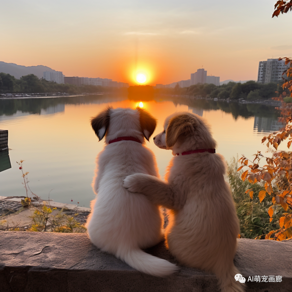 这对小狗看夕阳的背影