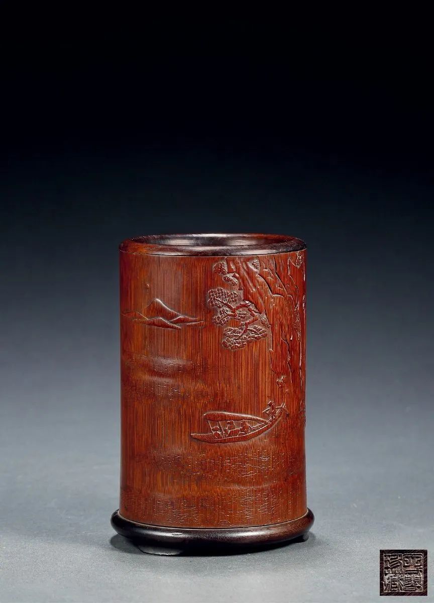 清中期 支山款竹雕赤壁夜游图诗文笔筒 (lot 2536)