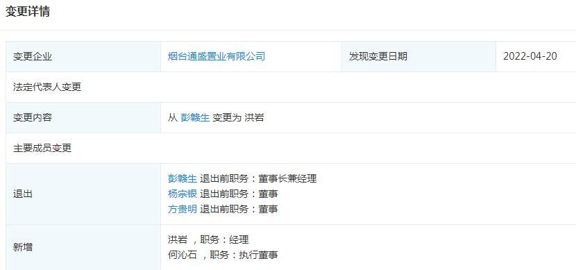 煙臺通盛置業(yè)有限公司法人變更 洪巖接任彭贛生