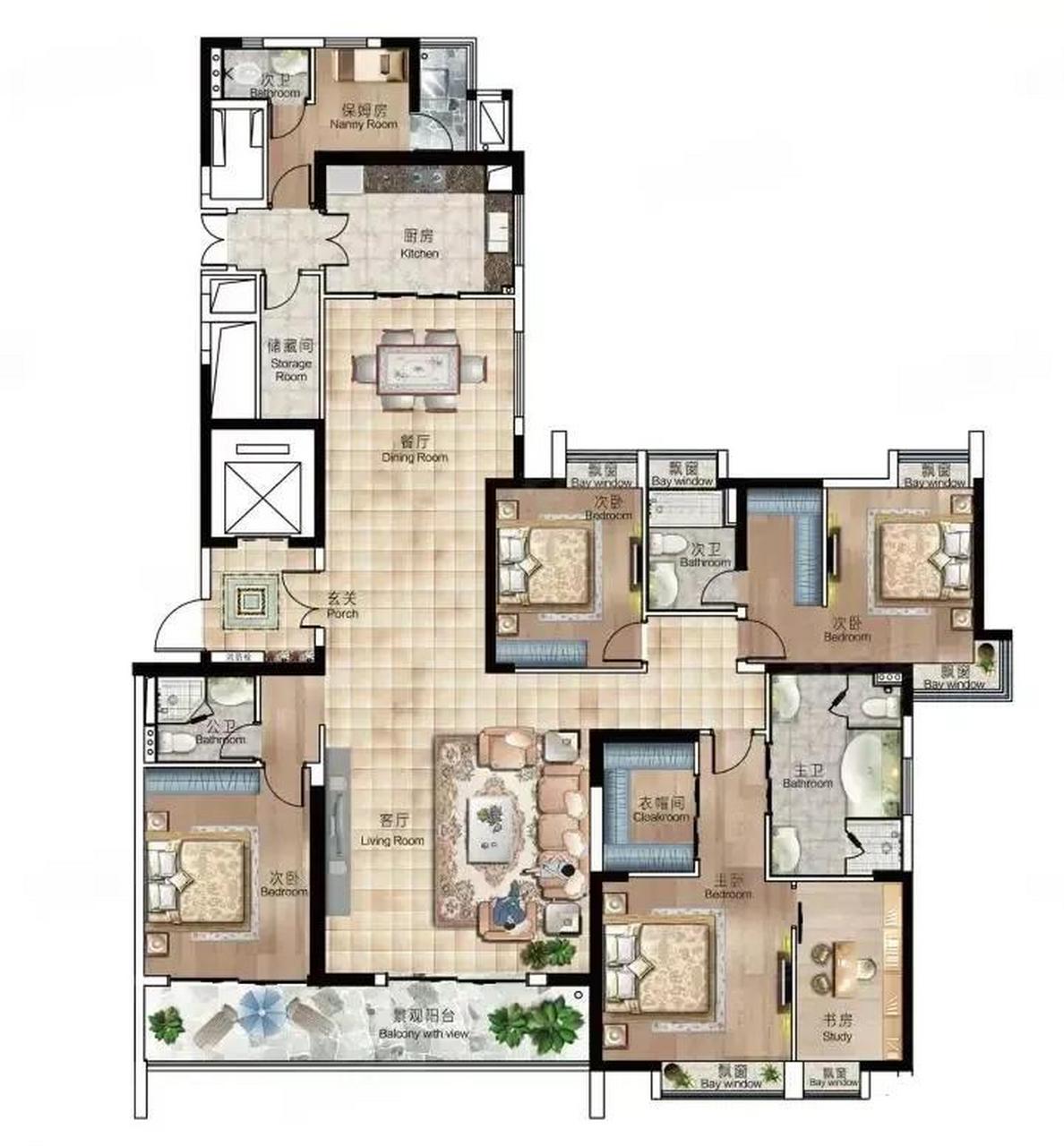 有一定创新性的大平层户型!特别是主卧和餐厨区域!