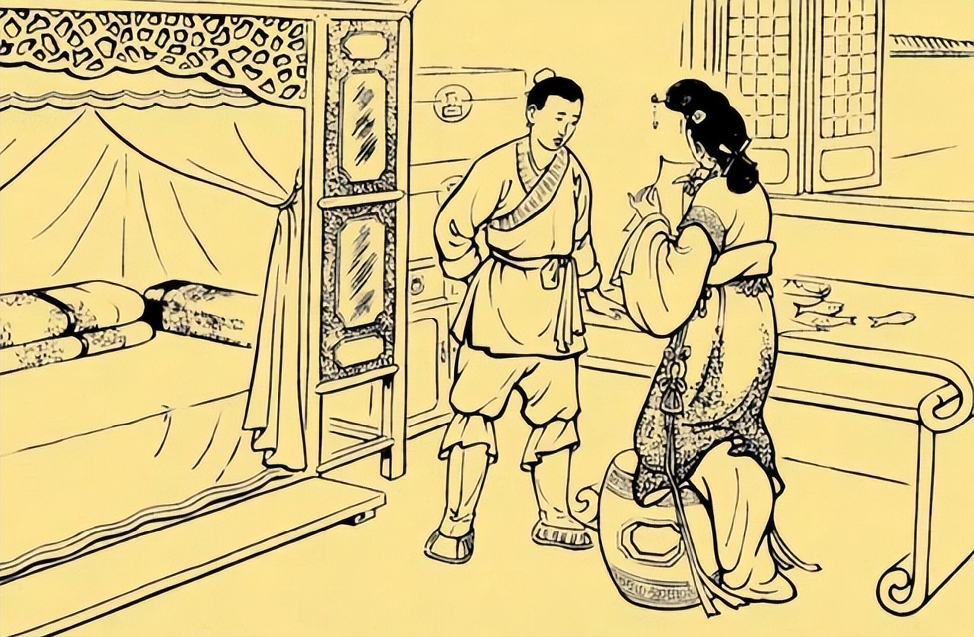 古时,一寡妇家里的床坏了,找同村的木匠造床.