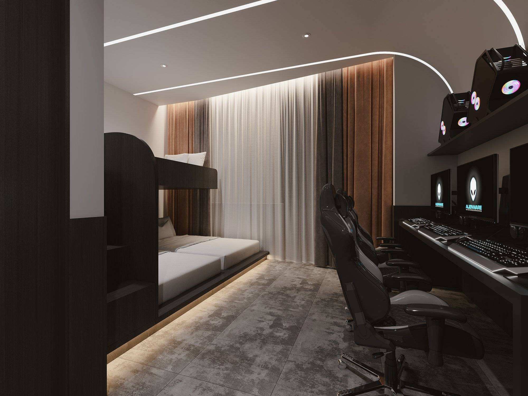 电竞酒店装修效果图哪种风格好?简约风?金属风?科技风?酷炫风