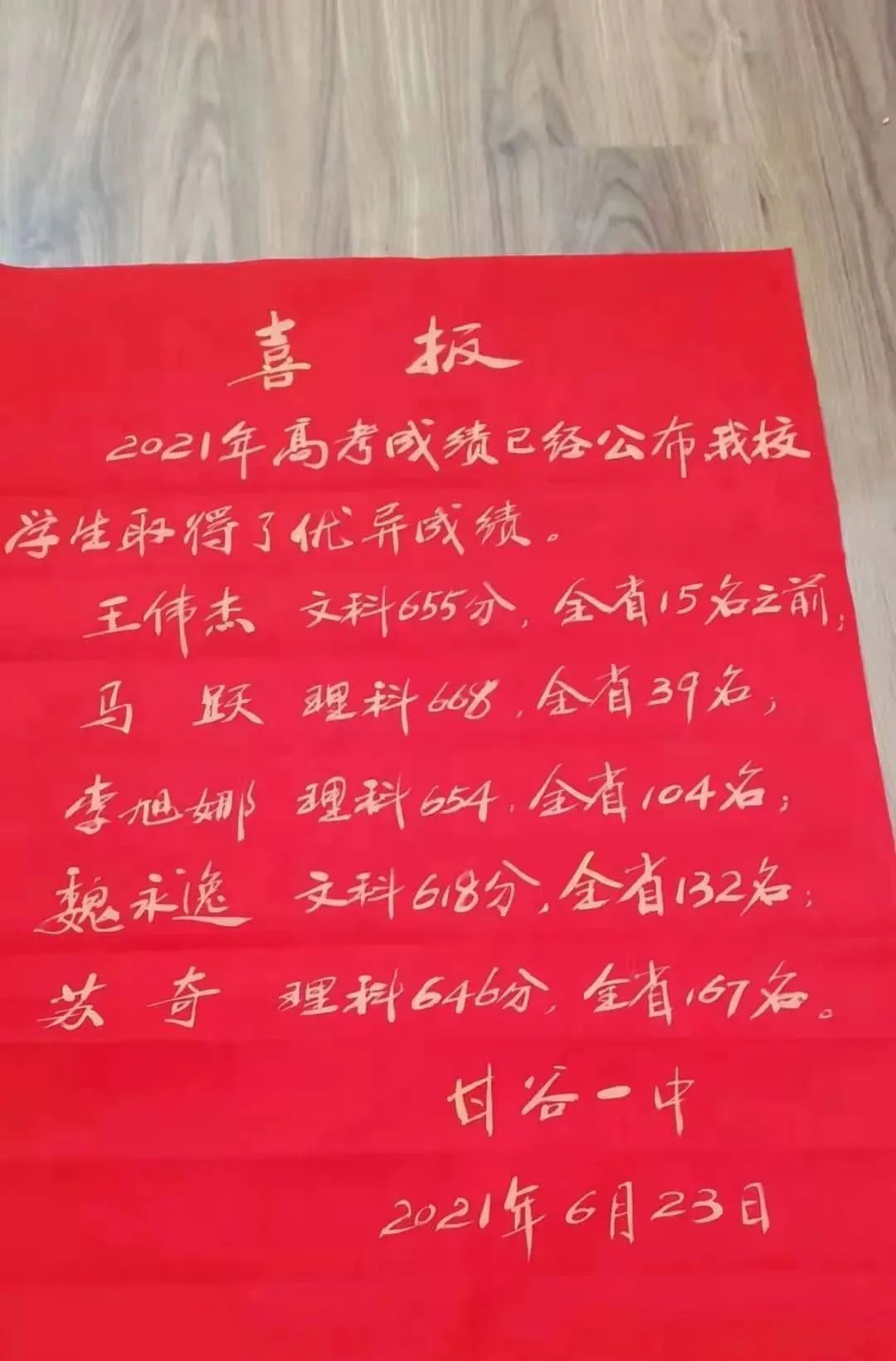 2021年甘肃省甘谷一中高考喜报:理科最高668,文科最高655!